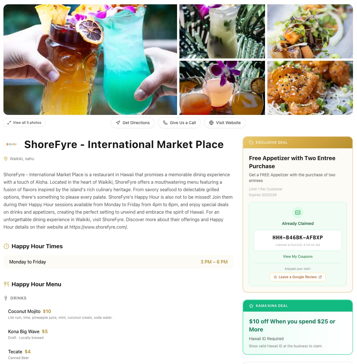Sample restaurant listing page on Hawaii Happy Hours showing photo gallery, happy hour schedule and menu, an exclusive coupon deal, and a kama'aina deal.